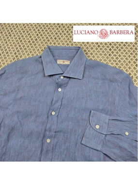 Luciano Barbera Mens XL Blue Linen Button Up Shirt Made In Italy Luxury